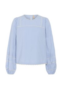 Blusa azzurro chiaro con scollatura rotonda, maniche lunghe puffate e bordo bianco a scallop nella scollatura e nei polsini. Dettagli testurizzati su tutta la superficie.