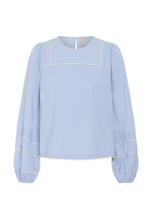 Light blue blouse featuring a round neckline, puffed long sleeves, and white scalloped trim at the yoke and cuffs. Textured detailing throughout.