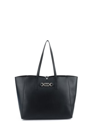 Borsa tote in pelle nera con doppi manici superiori e dettaglio di chiusura geometrica argentata al centro frontale.