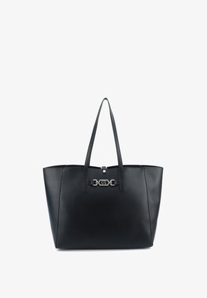Borsa tote in pelle nera con doppi manici superiori e dettaglio di chiusura geometrica argentata al centro frontale.
