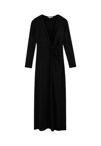 Robe noire à manches longues avec un décolleté en V profond et un détail torsadé à la taille. Fabriquée en tissu doux, elle tombe jusqu'aux chevilles.