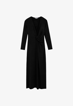Vestido negro de manga larga con escote en V profundo y detalle retorcido en la cintura. Confeccionado en una tela suave, llega hasta el tobillo.