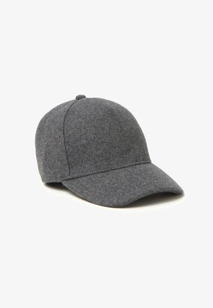 Cappellino da baseball grigio in lana con corona arrotondata, visiera curvata e dettagli cuciti sulle cuciture e sulla visiera. Tessuto testurizzato con sottili variazioni.