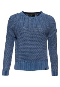 Blue knitted sweater featuring a textured pattern, round neck, and ribbed cuffs and hem. Made from a soft fabric for comfort.