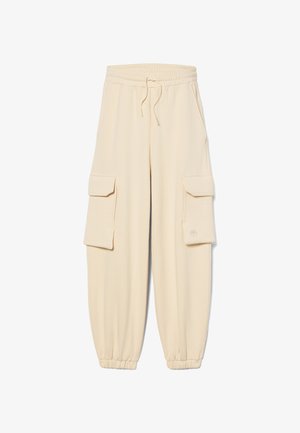 Beige Cargo-Hosen aus weichem Material, mit einem elastischen Bund, gerafften Abschlüssen und zwei großen Seitentaschen. Einfaches Logodesign enthalten.