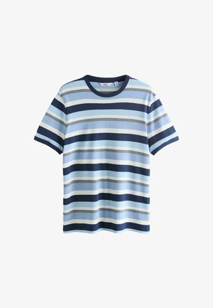 Koszulka z krótkim rękawem i okrągłym dekoltem w poziome paski w kolorach granatowym, jasnoniebieskim, białym i szarym.