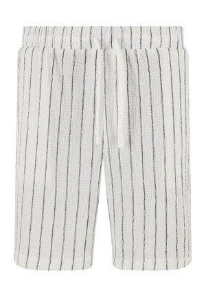 Pantaloni corti leggeri e bianchi con sottili strisce verticali nere, dotati di una vita elastica e lacci. Tessuto di cotone testurizzato.
