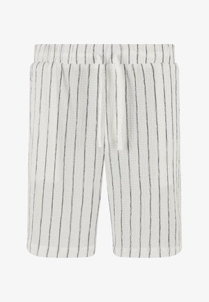 Lekkie, białe szorty z cienkimi czarnymi pionowymi paskami, z elastycznym paskiem w talii i sznurkiem do regulacji. Teksturowana bawełniana tkanina.