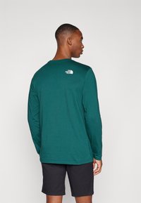 Langærmet, grøn bomulds skjorte med rund hals og logo detalje på ryggen. Bæres med sorte shorts. Glat tekstur, afslappet design.