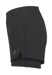 Pantaloni sportivi neri con pannello laterale perforato, cintura elastica e fodera interna. Presenta un logo grigio sul davanti.