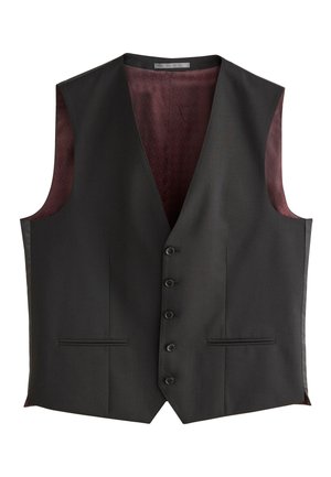 Black formal vest with four buttons and two slit pockets, featuring a burgundy patterned inner lining.