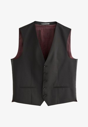 Gilet formale nero con quattro bottoni e due tasche a fessura, con fodera interna fantasia bordeaux.