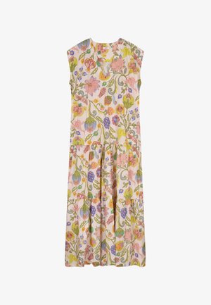 Mouwloze jurk met bloemmotief van zacht katoen. Voorzien van een V-hals en een gelaagde roklijn. Kleurenschema omvat roze, groen en blauw.