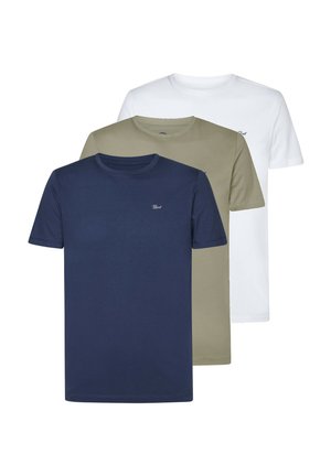 Tre t-shirt a girocollo: blu navy, verde oliva e bianco. Realizzate in cotone, maniche corte, con un piccolo logo sul petto di ciascuna maglietta.
