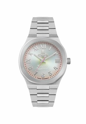 Silver metal watch with a pattern dial, Roman numeral markers, and pink accents; features a stainless steel link bracelet and Swiss movement.