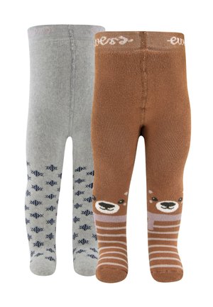 Zwei Paar Kinderstrumpfhosen, eine graue mit marineblauen Fischmustern, eine braune mit Bärengesichtern und rosa gestreiften Beinen.