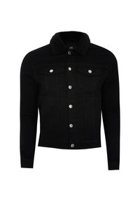 Svart denimjacka med shearling-krage, silverfärgade knappar framtill och två knappade bröstfickor, långa ärmar, figursydd.