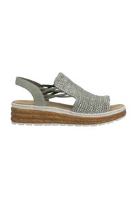 Sandale slingback tissée gris clair avec semelle plateforme en liège superposée et brides latérales élastiques pour un maintien sûr.