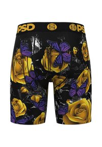 Boxer briefs neri con un vivace disegno di rose gialle e farfalle viola, realizzati in un tessuto texture e con un elastico giallo.