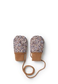 Blommiga vantar med ett mönstrat ovandela i brunt, blått och creamfärg, med bruna ribbade muddar och en anslutande snodd.