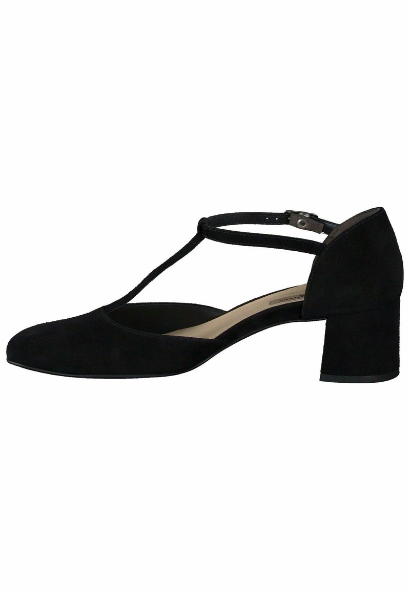 Escarpin en daim noir avec un design à bride en T, bout arrondi et talon bloc. La chaussure présente une finition lisse et une bride de cheville réglable.