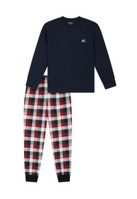 Navyblaues Langarmshirt mit einem kleinen Bergdesign, kombiniert mit grauen, roten und schwarzen karierten Hosen, die elastische Bündchen und einen elastischen Bund haben.