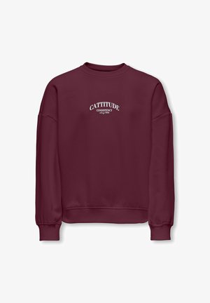 Bordowa bluza z okrągłym dekoltem z białym napisem "CATTITUDE Consistency always wins" na środku klatki piersiowej, długie rękawy oraz prążkowane ściągacze na rękawach i na dole.