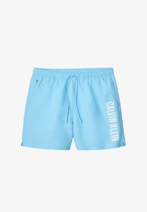 Lichtblauwe zwembroek met elastische taille, trekkoord, zijritszak en wit "Calvin Klein"-logo op het rechterbeen.