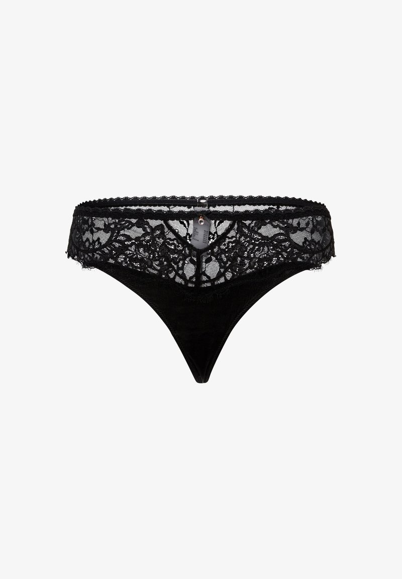 String noir en dentelle avec un motif floral à la taille, dotée de fines bretelles et d'un fond en tissu noir lisse. Texture douce dans l'ensemble.