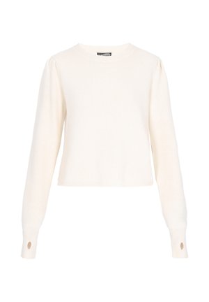 Cremfarbener, verkürzter Pullover mit rundem Halsausschnitt, langen Ärmeln, gerippten Bündchen und dekorativen Ausschnitten an den Ärmelenden. Weiche Textur.