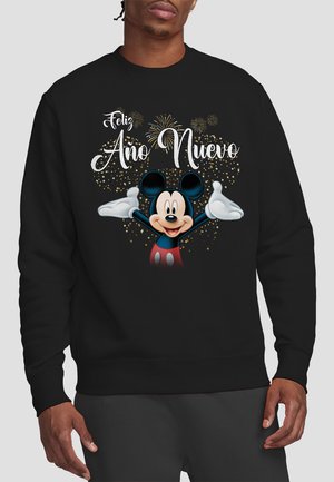 Black sweatshirt featuring a cartoon character with large ears and outstretched arms, surrounded by gold sparkles and the text "Feliz Año Nuevo."