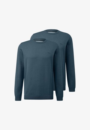 To mørk petroleumsfarvede langærmede crewneck-trøjer med ribstrikkede manchetter og kant, vist mod en hvid baggrund.