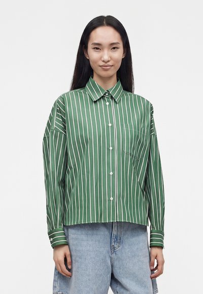 Femme aux longs cheveux foncés portant une chemise verte à rayures verticales et un jean denim bleu clair, debout devant un fond uni.