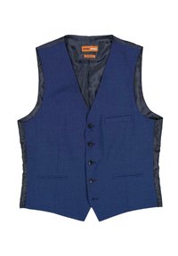 Marineblauweste aus strukturiertem Stoff, Slim-Fit-Design, sechs vordere Knöpfe, zwei Seitentaschen und seidig-leichte schwarze Innenseite.