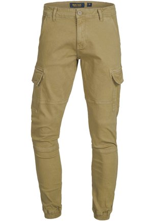 Khaki cargo pants with a fitted design, elastic cuffs, multiple pockets, and a smooth texture. Made from durable cotton material.