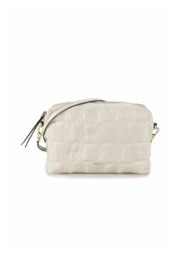 Borsa in pelle beige con motivo coccodrillo, chiusura con zip, singola tracolla e dettagli in metallo color oro. Forma rettangolare compatta.