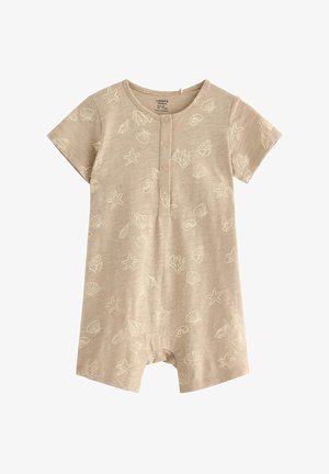 Beige korte mouwen romper gemaakt van zachte stof, met een patroon van schelpen en sterrenbeelden. Het heeft een knoopsluiting en een ontspannen pasvorm.
