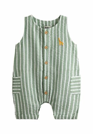 Barboteuse pour bébé sans manches, rayée verticalement en vert et blanc, avec des boutons en bois sur le devant, deux poches latérales et une petite girafe jaune brodée sur la poitrine.