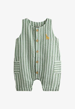 Bezrekawny kombinezon dla niemowląt w zielono-białe pionowe paski, z przodu drewniane guziki, dwie boczne kieszenie oraz mała, haftowana żółta żyrafa na piersi.