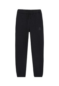 Czarne dresy wykonane z miękkiego materiału, z wkładką w pasie, bocznymi kieszeniami i małym logo na lewej nodze.