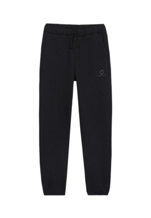 Sorte sweatpants lavet af blødt stof, med snøre i taljen, sidelommer og et lille logo på venstre ben.