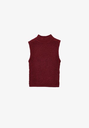 Burgunderfarbener ärmelloser Pullover mit einem gerippten Kragen und strukturiertem Stoff, der eine weiche, flauschige Oberfläche und eine lockere Passform aufweist.