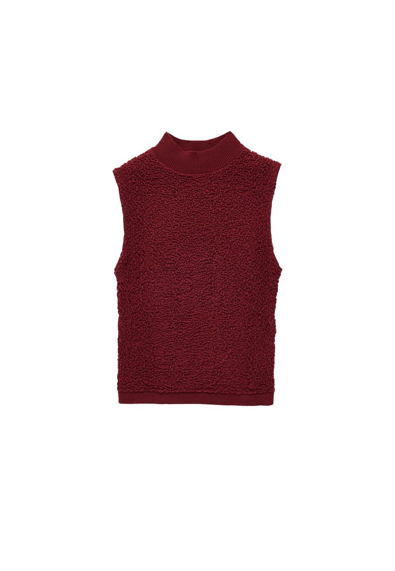 Burgundy ærmeløs pullover med ribbet krave og struktureret stof, der har en blød, fuzzy overflade og en afslappet pasform.
