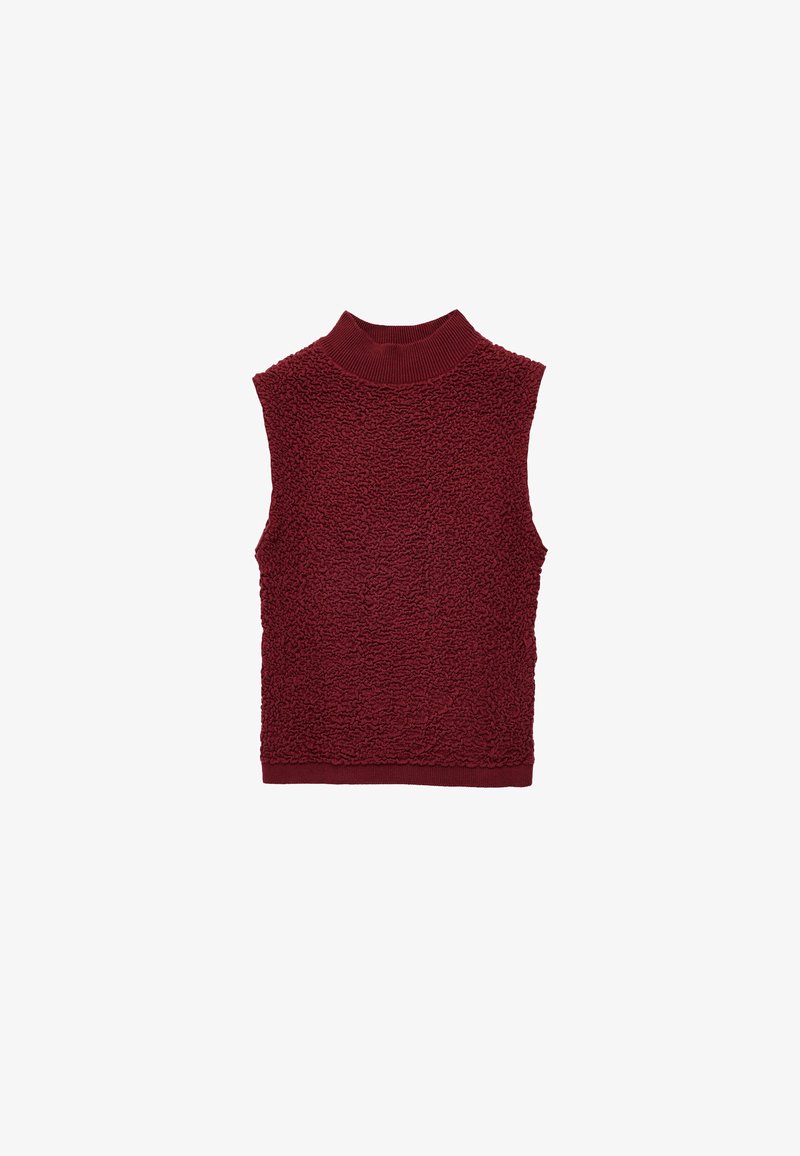 Bordeaux mouwloze pullover met een geribbelde kraag en textuurstof, met een zachte, fuzzy oppervlakte en een ontspannen pasvorm.