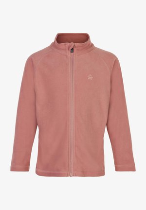 Fleece bunda v jemnej ružovej farbe, plný zips, vysoký golier, dlhé rukávy, ploché švy, jednoduché logo na ľavej hrudi, ľahká tkanina.