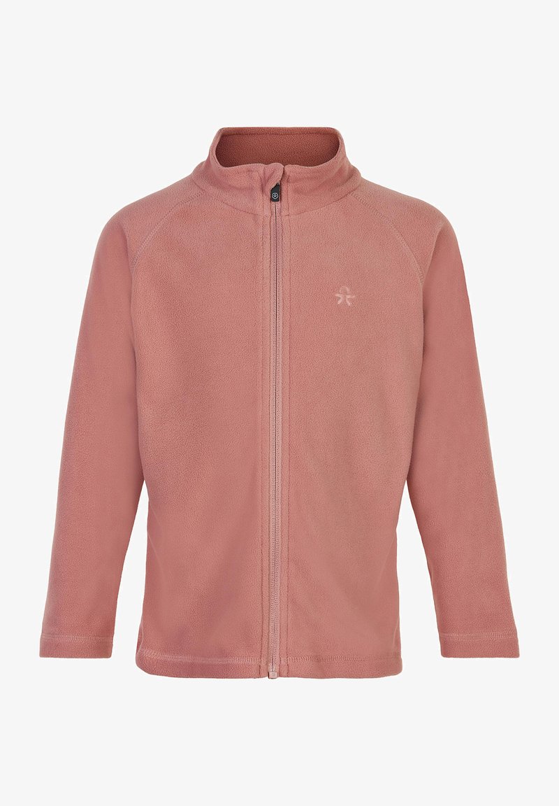 Minkštas rožinis fliso džemperis, su visišku užtrauktuku, aukštu kaklu, ilgomis rankovėmis, plokščiomis siūlėmis, paprasta logotipas kairėje krūtinės pusėje, lengvas audinys.