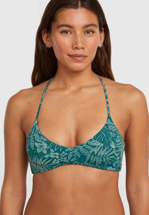 Góra bikini w kolorze morskim z kwiatowym wzorem, wyposażona w cienkie regulowane ramiączka i trójkątne miseczki. Gładka faktura materiału.