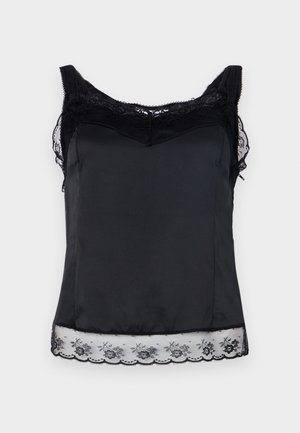 Black satin camisole with lace accents on the neckline and hem. Features a smooth texture and adjustable straps, with floral lace detailing.