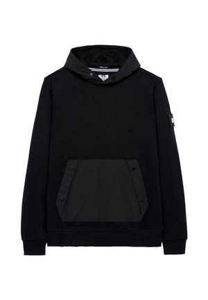 Black hoodie made of cotton with a textured panel at the front, featuring snap button accents and a drawstring hood.