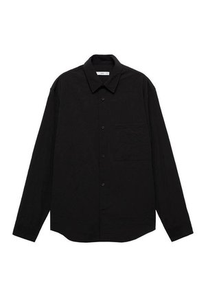 Black long-sleeve shirt in a crinkled texture, featuring a pointed collar, front button closure, and a chest pocket.